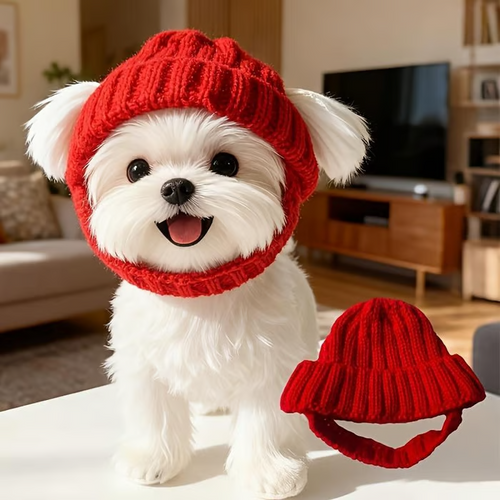 🐾Red Wool Knit Dog Hat with Ear Flaps – Warm Winter Hat