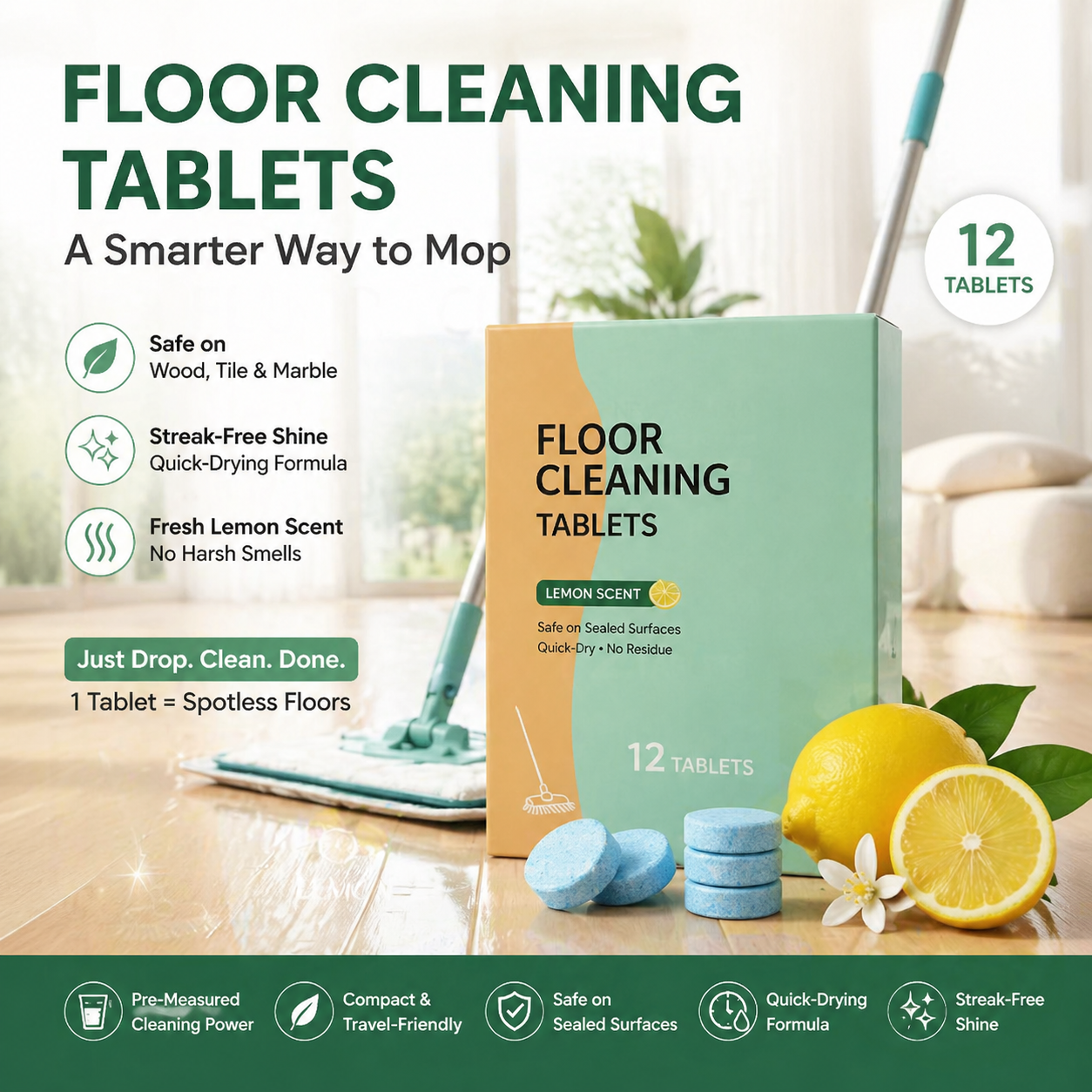 Floor Cleaning Tablets (12 Pack) – Streak-Free, Quick-Dry Lemon Clean