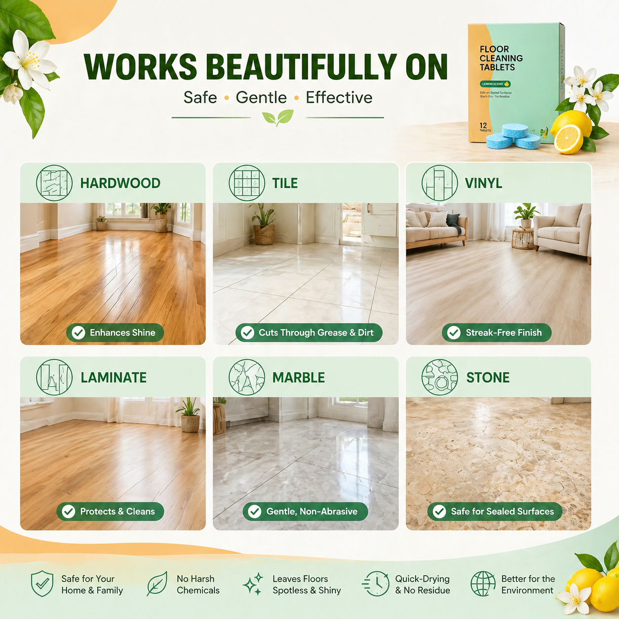 Floor Cleaning Tablets (12 Pack) – Streak-Free, Quick-Dry Lemon Clean