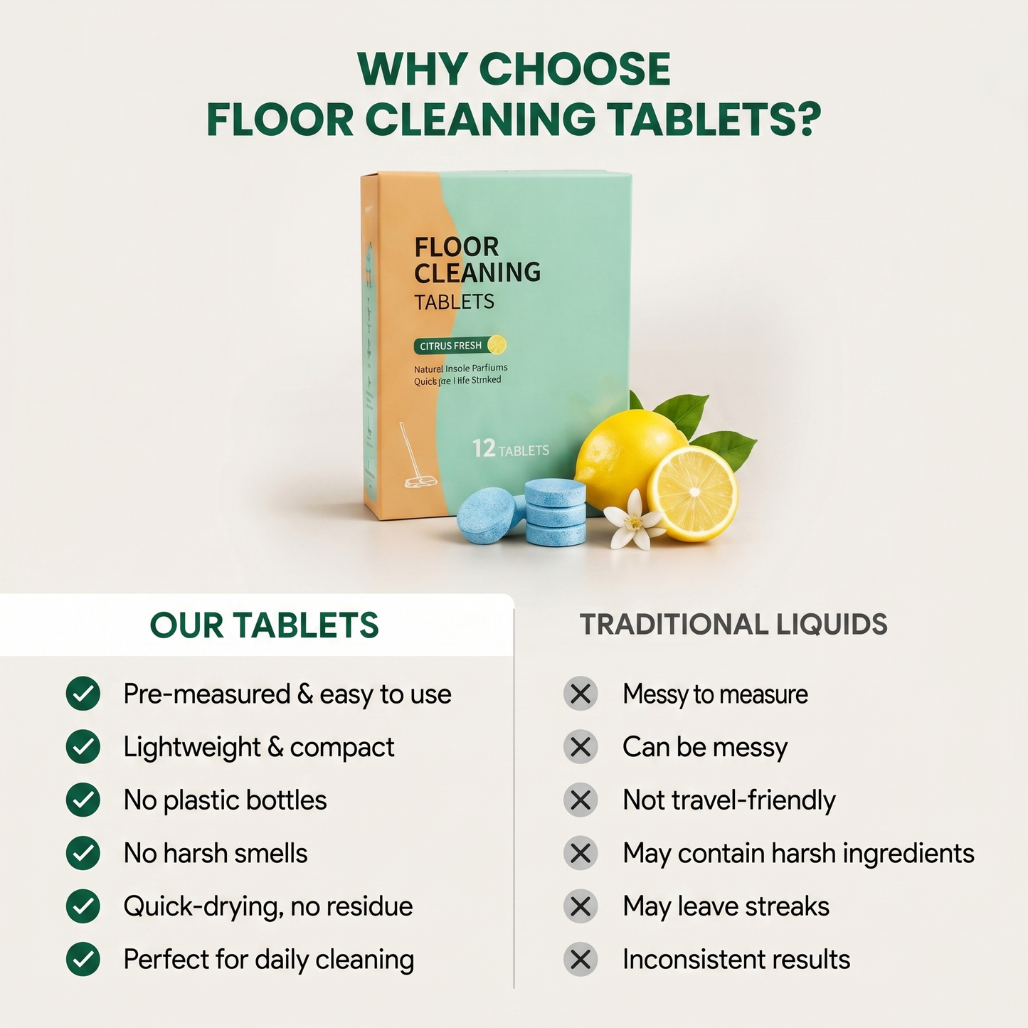 Floor Cleaning Tablets (12 Pack) – Streak-Free, Quick-Dry Lemon Clean